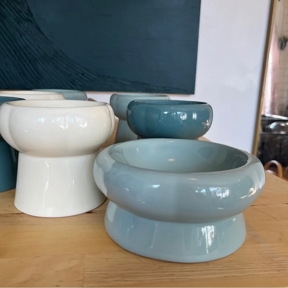Ceramic Elevated Pet Foot Bowls Decor Cat Dog Home Small Mini Flower Cream Blue